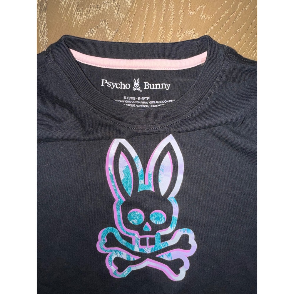 Psycho Bunny Kids Black Pima Cotton Graphic T-Shirt Bunny Skull Logo Size 5-6 XS - Picture 2 of 4